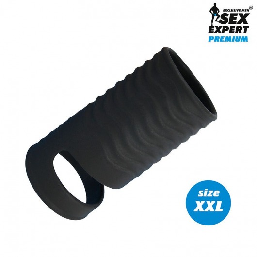 Черная открытая насадка на пенис с кольцом для мошонки XXL-size - 9,4 см. - Sex Expert - в Кисловодске купить с доставкой