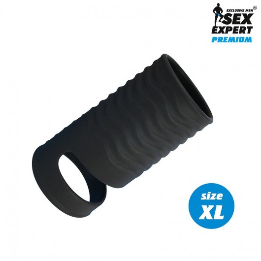 Черная открытая насадка на пенис с кольцом для мошонки XL-size - 8,9 см. - Sex Expert - в Кисловодске купить с доставкой