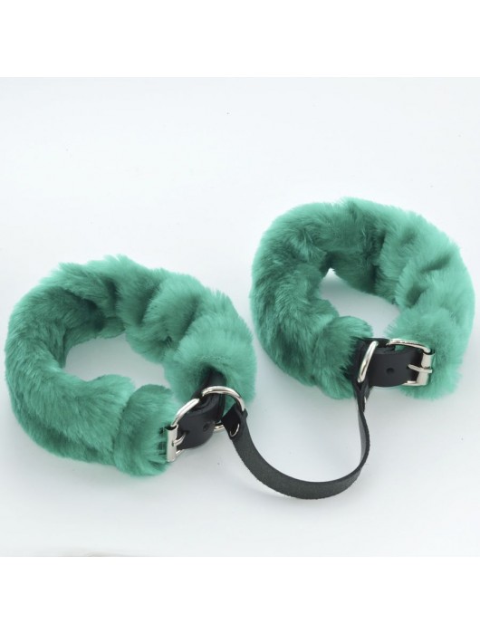 Черные кожаные оковы со съемной зеленой опушкой - Sitabella - купить с доставкой в Кисловодске