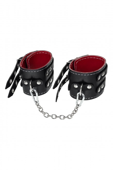 Черные кожаные оковы с двумя ремнями и красной подкладкой - Pecado - купить с доставкой в Кисловодске