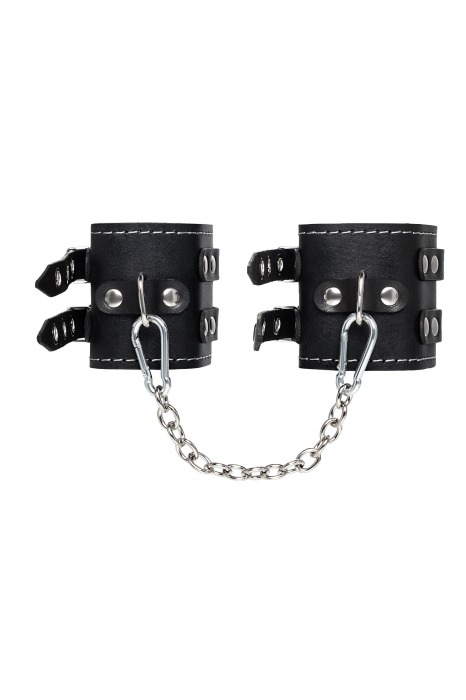 Черные кожаные оковы с двумя ремнями и красной подкладкой - Pecado - купить с доставкой в Кисловодске