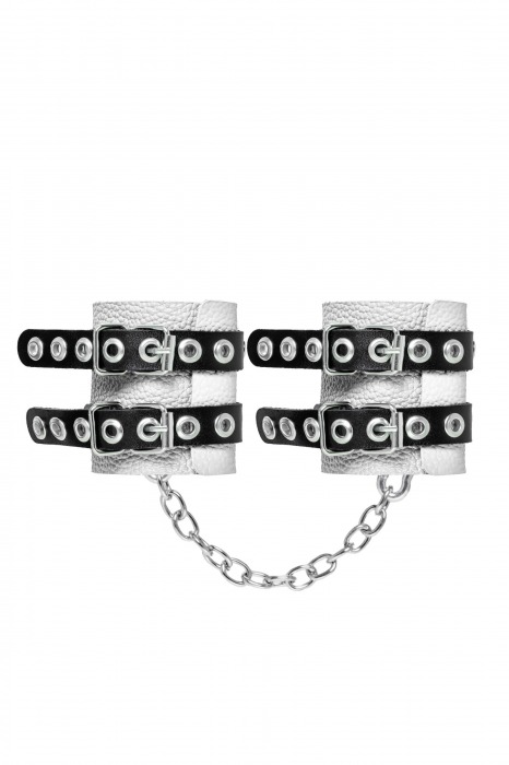 Бело-черные наручники с двумя ремешками и люверсами - Pecado - купить с доставкой в Кисловодске