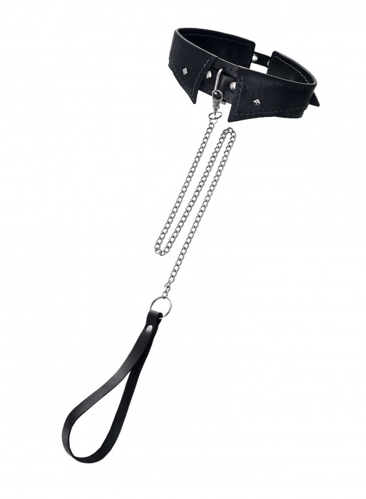 Черный кожаный ошейник-воротник с поводком - Pecado - купить с доставкой в Кисловодске