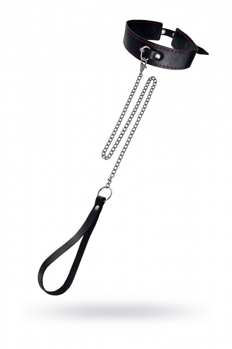 Кожаный двухслойный ошейник с красной строчкой и поводком - Pecado - купить с доставкой в Кисловодске