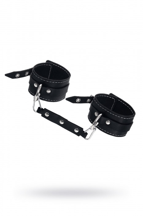 Черные двухслойные кожаные оковы с белой строчкой - Pecado - купить с доставкой в Кисловодске