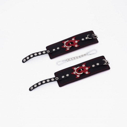 Черные кожаные наручники с красным декором и строчкой - Crazy Handmade - купить с доставкой в Кисловодске