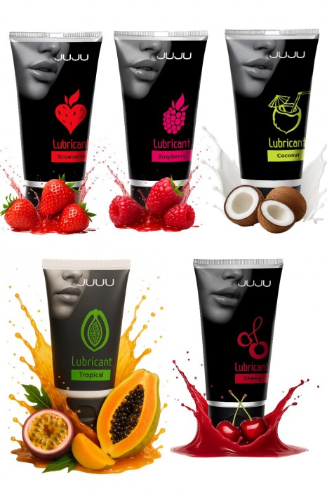 Набор из 5 съедобных лубрикантов JUJU (клубника, малина, тропические фрукты, вишня, кокос) - JuJu - купить с доставкой в Кисловодске