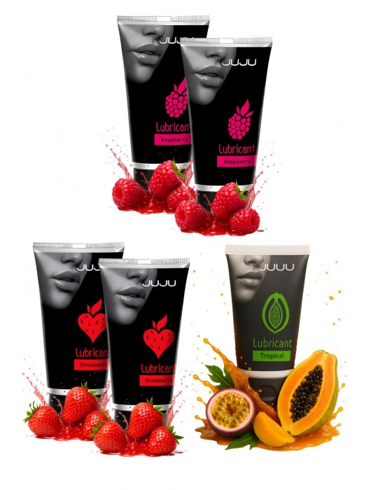 Набор из 5 съедобных лубрикантов JUJU (клубника х 2, малина х 2, тропические фрукты) - JuJu - купить с доставкой в Кисловодске