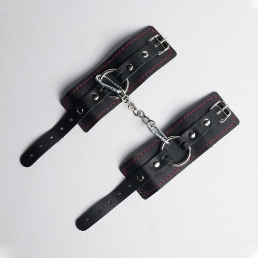 Черные кожаные наручники с красной строчкой - Crazy Handmade - купить с доставкой в Кисловодске