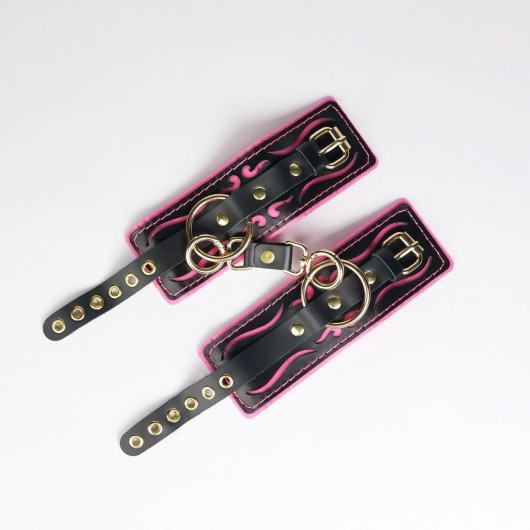 Черные кожаные наручники с розовой строчкой - Crazy Handmade - купить с доставкой в Кисловодске