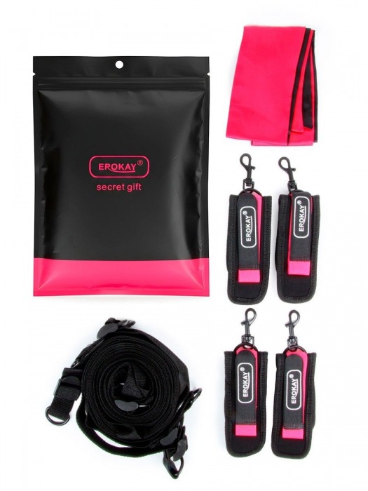 Черно-розовый эротический набор: фиксатор, оковы, наручники, повязка - Erokay - купить с доставкой в Кисловодске