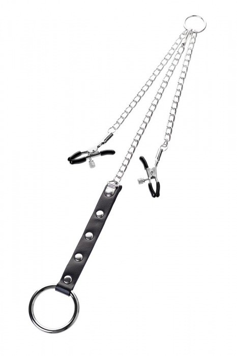 Серебристо-чёрные зажимы для сосков с кольцом для пениса TOYFA Metal - ToyFa - купить с доставкой в Кисловодске