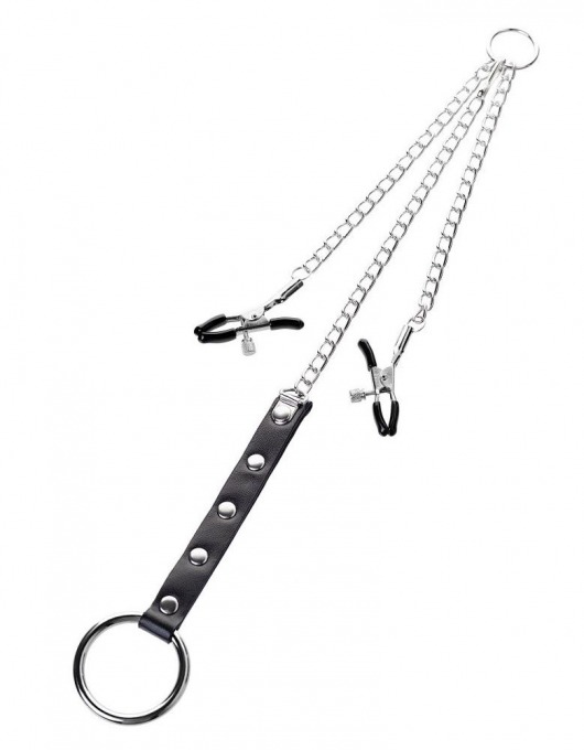 Серебристо-чёрные зажимы для сосков с кольцом для пениса TOYFA Metal - ToyFa - купить с доставкой в Кисловодске